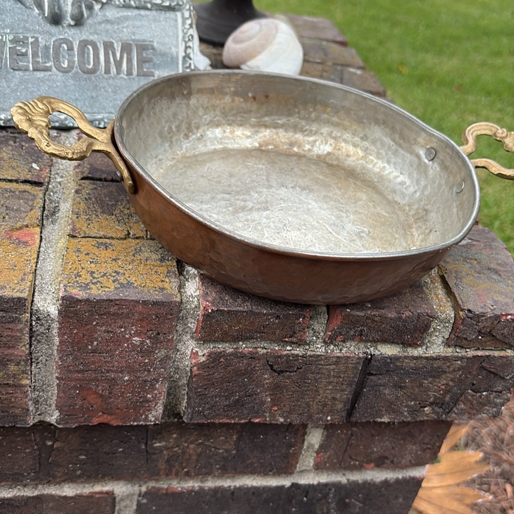 ANTIQUE!  French COPPER  Bowl , approximately 8". Brass handles. FRY PAN